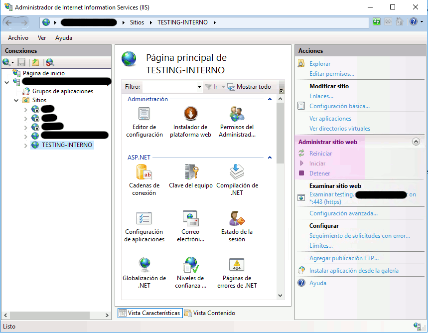 Captura del IIS, resolución del error 503, uno de los códigos de error http frecuentes.